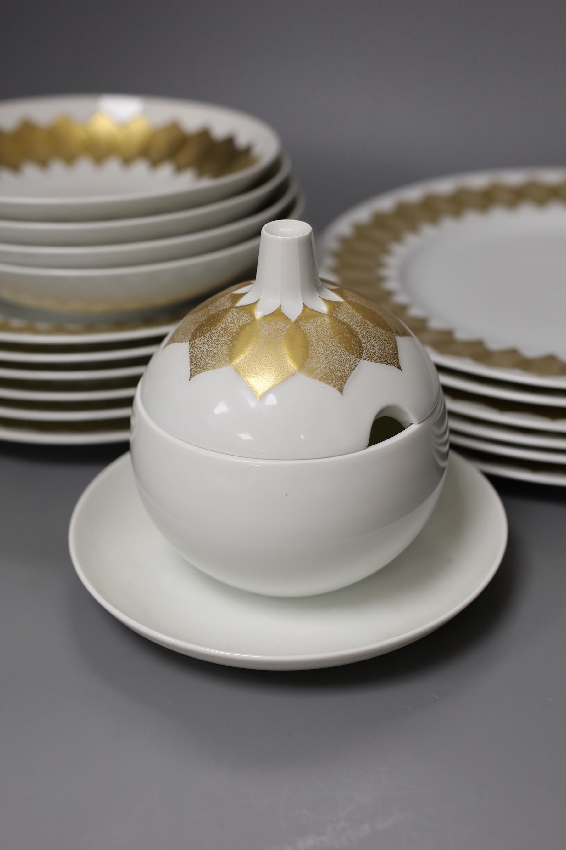 A Rosenthal Studio Line white and gold lotus pattern part dinner service